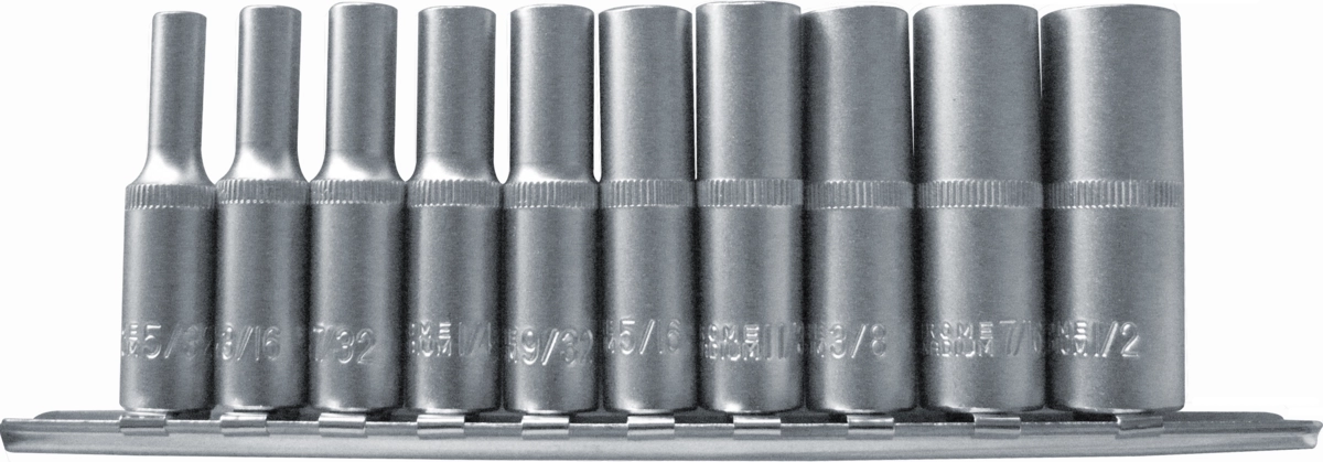 Hylsa Set, 10 delar., 1/4", djup, 6-kant tum 5/32-1/2"