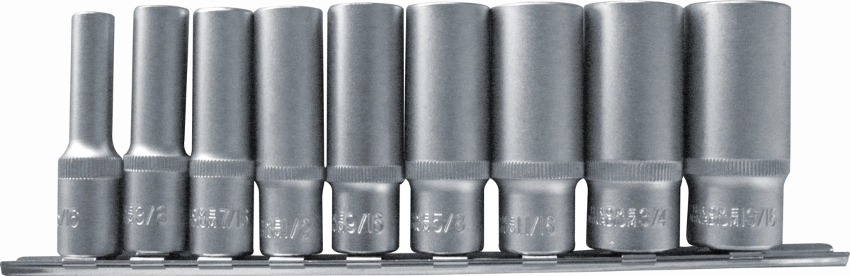 Hylsa Set, 9 delar., 3/8", djup, 6-kant tum 5/16-13/16"