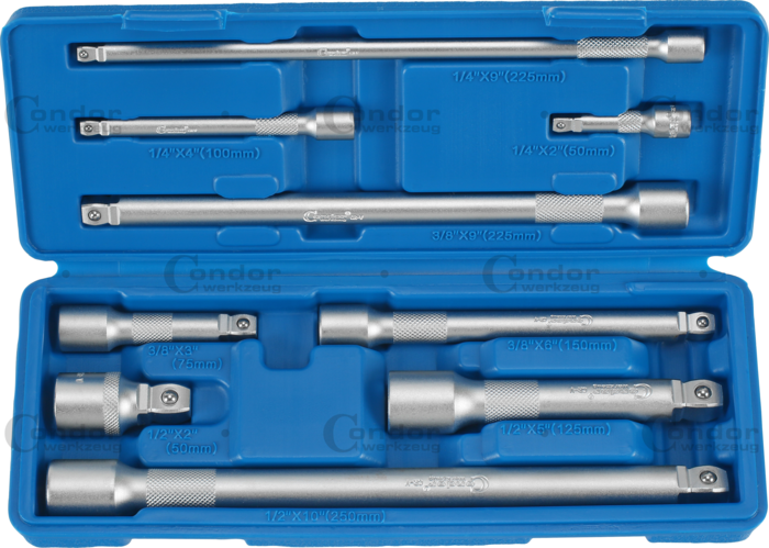 Wobbel förlängningsskaft Set, 9 delar., 1/4+3/8+1/2", 50-250 mm