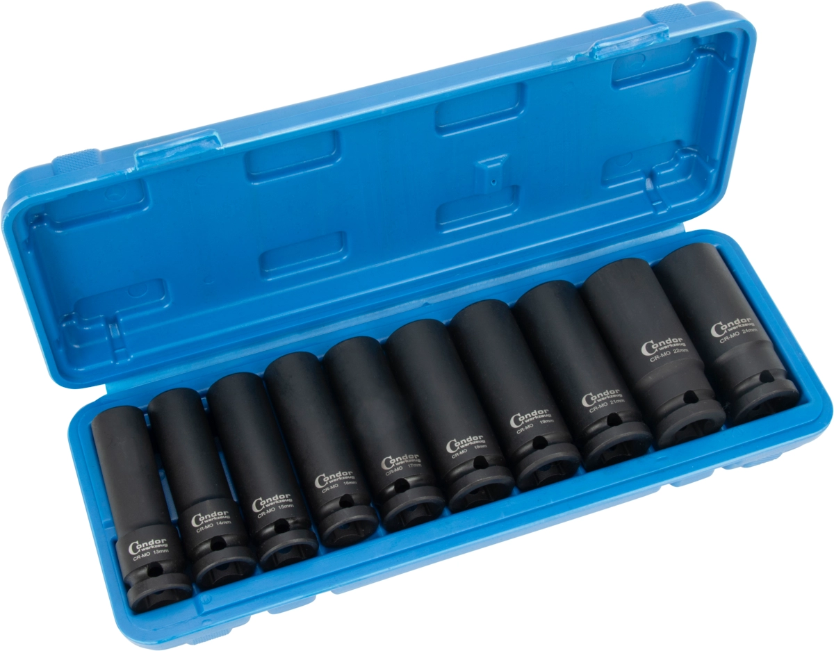 Djup Krafthylsa Set, 10 delar., 1/2", CrMo, 6-kant 13-24 mm