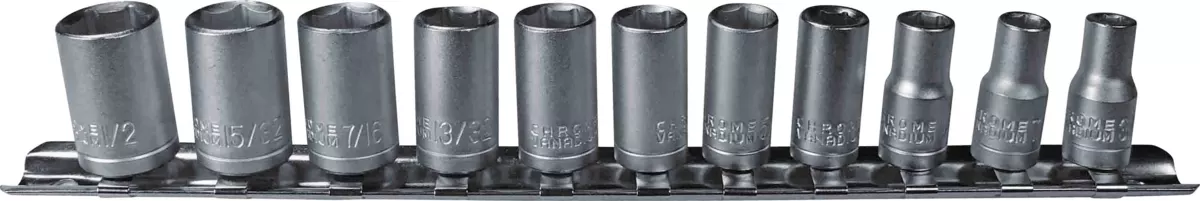 Hylsa Set, 11 delar., 1/4", 6-kant tum 3/16-1/2"